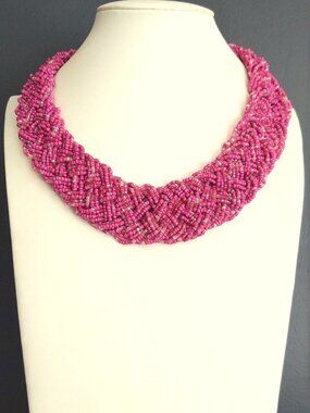 Braided hot pink and clear seed bead necklace